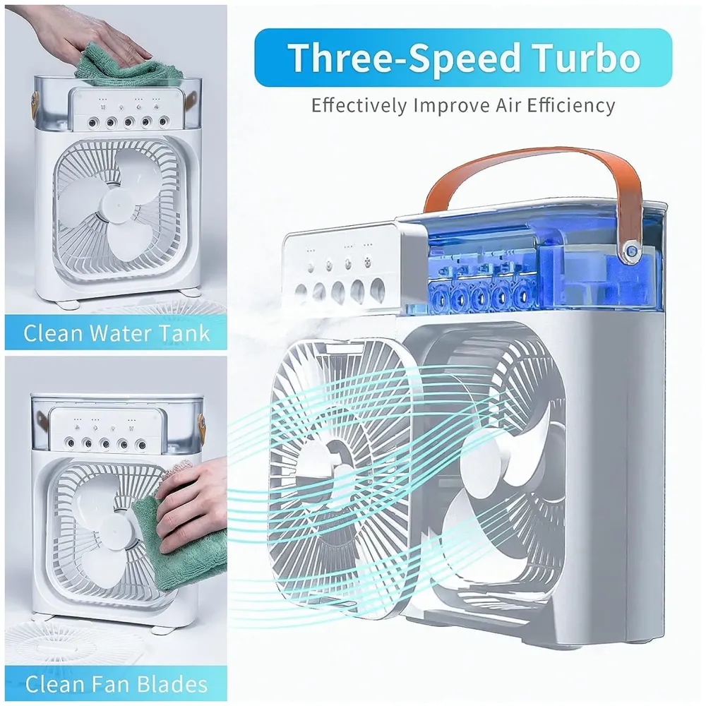 Big Portable Mist Fan, Cooling Fan LED Light, Air Conditioner Water Fan USB Desk with 3 Mist Spray Personal Evaporative Air Cooler Ice Fan for Bedroom, Office, Dorm Work