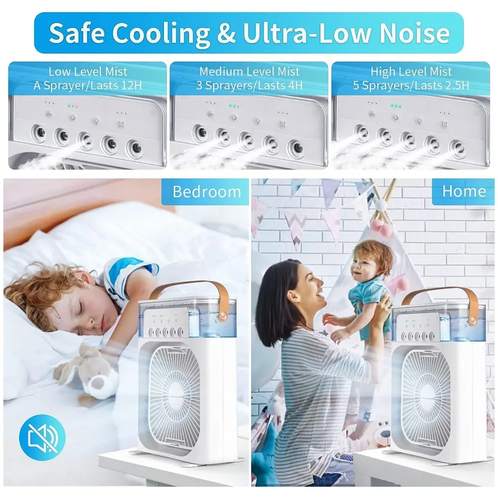 Big Portable Mist Fan, Cooling Fan LED Light, Air Conditioner Water Fan USB Desk with 3 Mist Spray Personal Evaporative Air Cooler Ice Fan for Bedroom, Office, Dorm Work