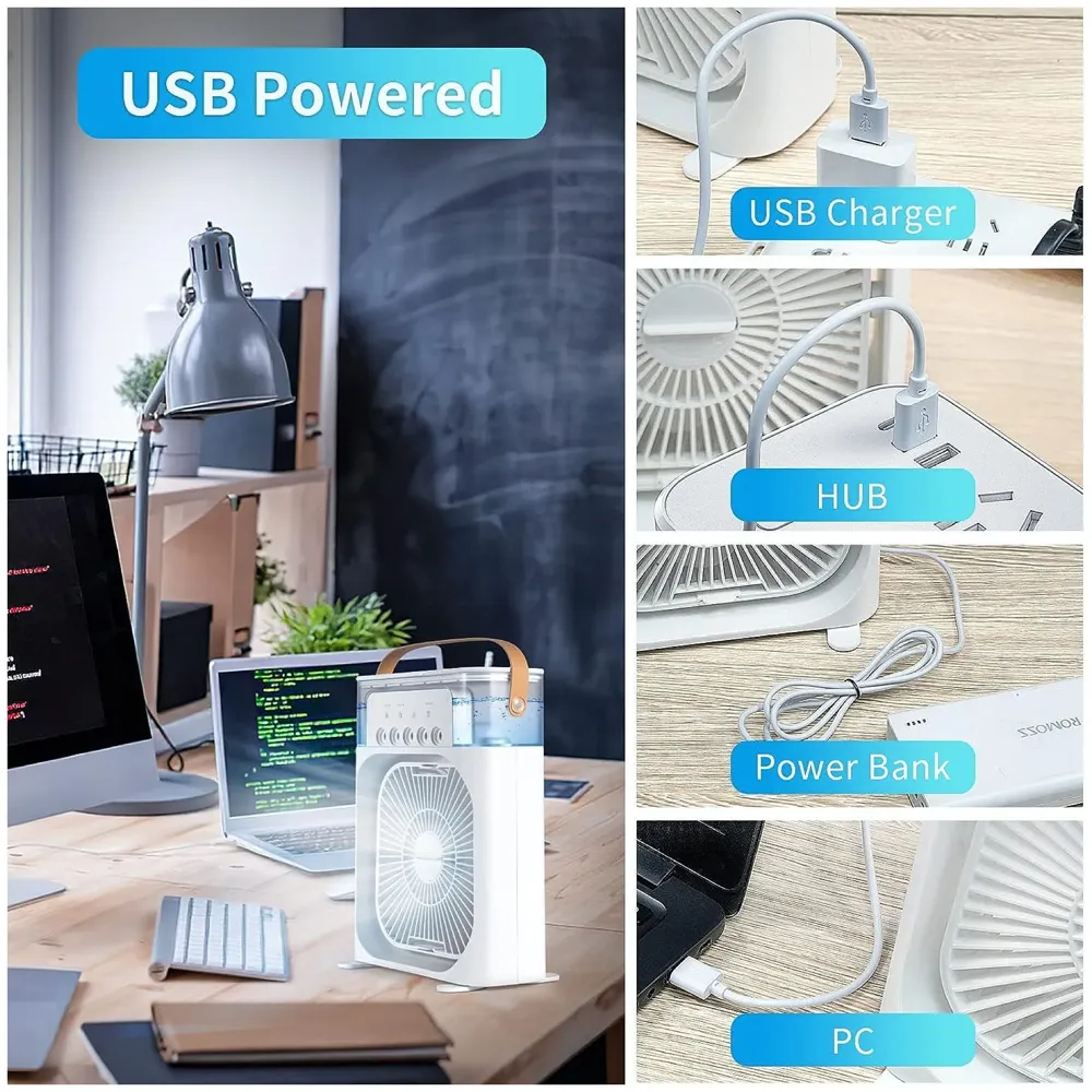 Big Portable Mist Fan, Cooling Fan LED Light, Air Conditioner Water Fan USB Desk with 3 Mist Spray Personal Evaporative Air Cooler Ice Fan for Bedroom, Office, Dorm Work