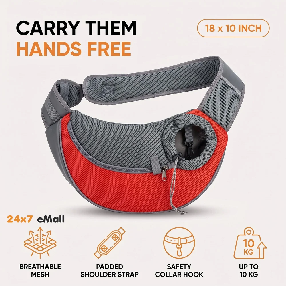24x7 eMall® Pet Sling Carrier - Small Dog Cat Sling Pet Carrier Bag Safe Comfortable Adjustable Pouch Single Shoulder Carry Tote Handbag for Pets Upto 10 Kgs. (Red) 18 x10 Inch