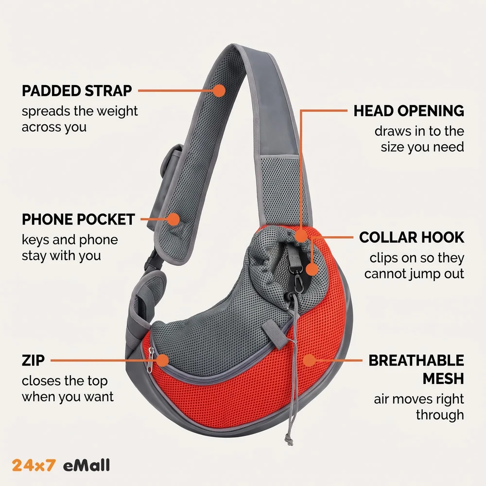 24x7 eMall® Pet Sling Carrier - Small Dog Cat Sling Pet Carrier Bag Safe Comfortable Adjustable Pouch Single Shoulder Carry Tote Handbag for Pets Upto 10 Kgs. (Red) 18 x10 Inch