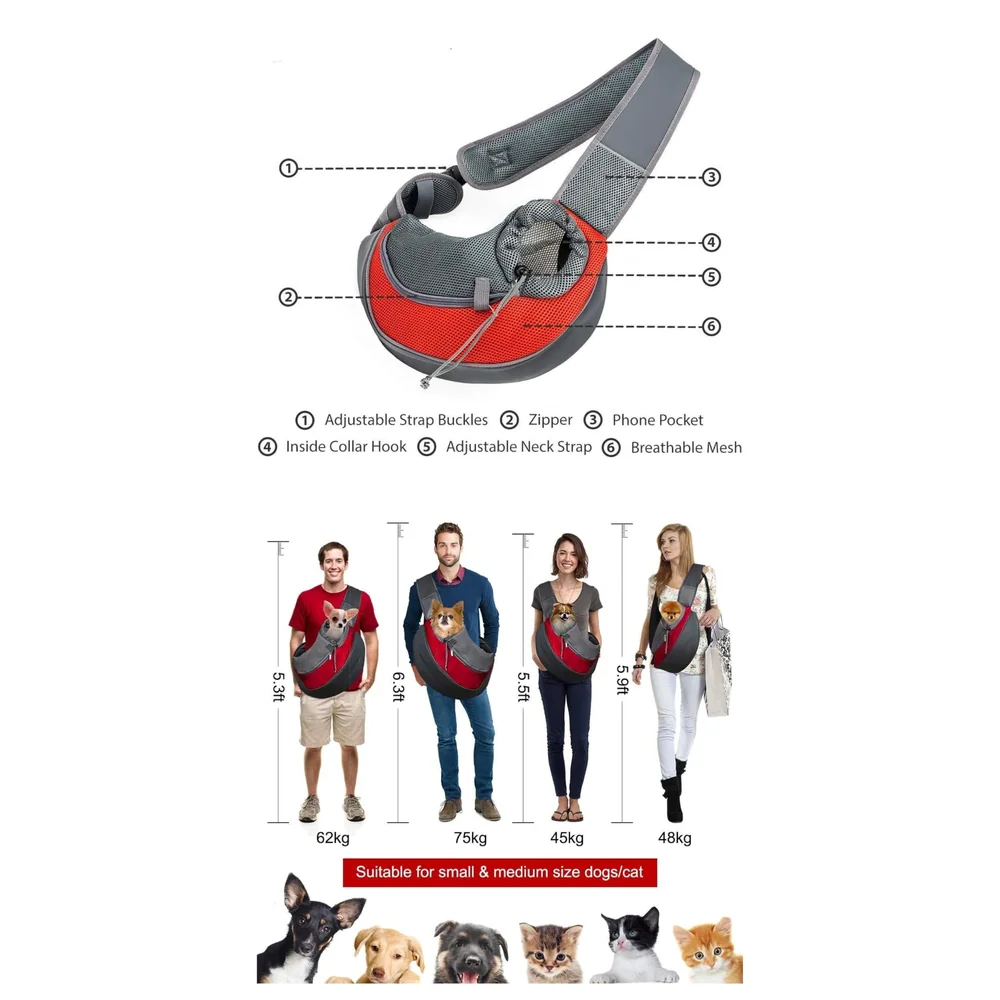 24x7 eMall® Pet Sling Carrier - Small Dog Cat Sling Pet Carrier Bag Safe Comfortable Adjustable Pouch Single Shoulder Carry Tote Handbag for Pets Upto 10 Kgs. (Red) 18 x10 Inch