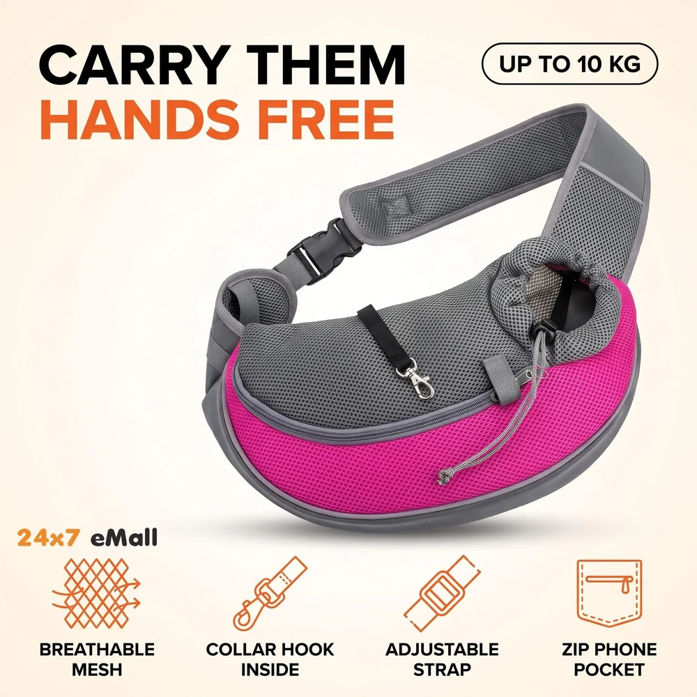24x7 eMall® Pet Sling Carrier - Small Dog Cat Sling Pet Carrier Bag Safe Comfortable Adjustable Pouch Single Shoulder Carry Tote Handbag for Pets Upto 10 Kgs. (Pink) 18 x10 Inch