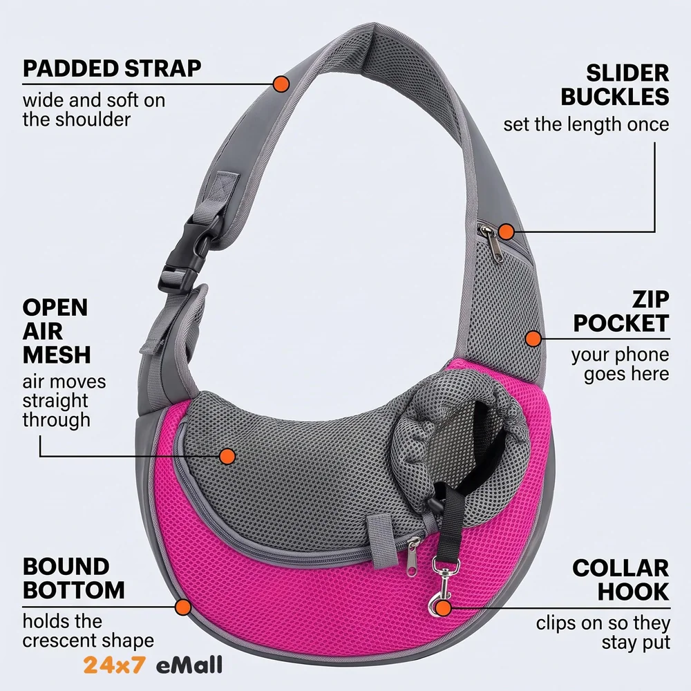 24x7 eMall® Pet Sling Carrier - Small Dog Cat Sling Pet Carrier Bag Safe Comfortable Adjustable Pouch Single Shoulder Carry Tote Handbag for Pets Upto 10 Kgs. (Pink) 18 x10 Inch