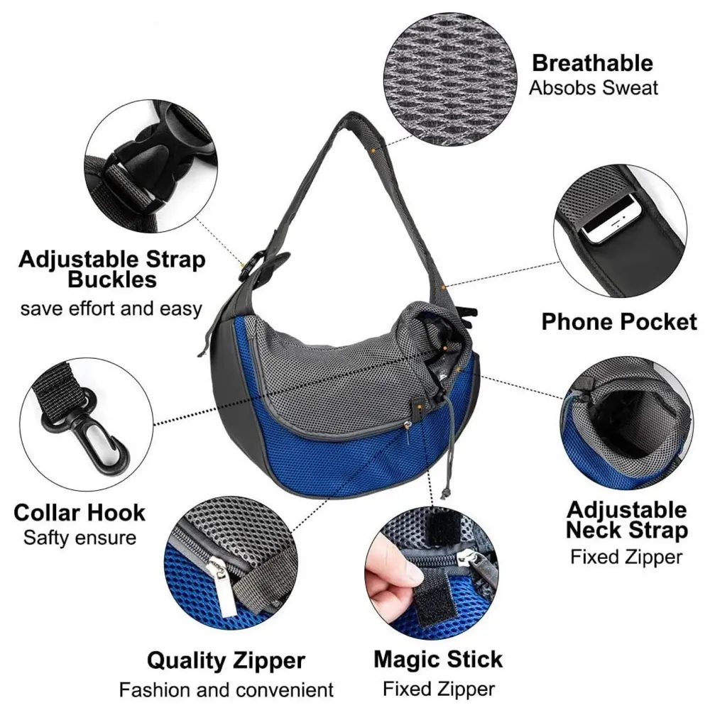 Pet Sling Carrier - Small Dog Cat Sling Pet Carrier Bag Safe Comfortable Adjustable Pouch Single Shoulder Carry Tote Handbag for Pets Upto 7Kgs 16 x 9 Inch (Blue 16 x 9 Inch)
