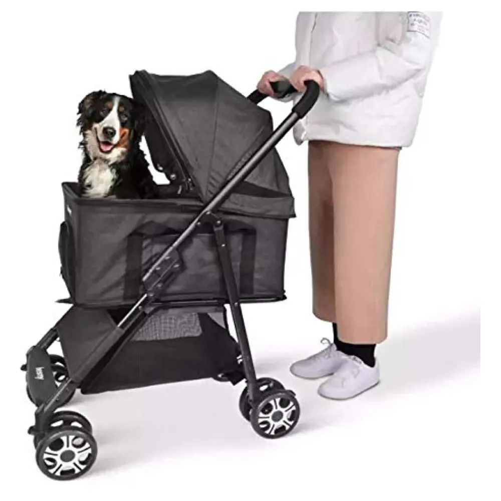 4 Wheel Elite Pet Stroller Breathable, Cat and Dog Easy to Walk Folding Travel Carrier with Cup Holder and Padded Handles. (Black)