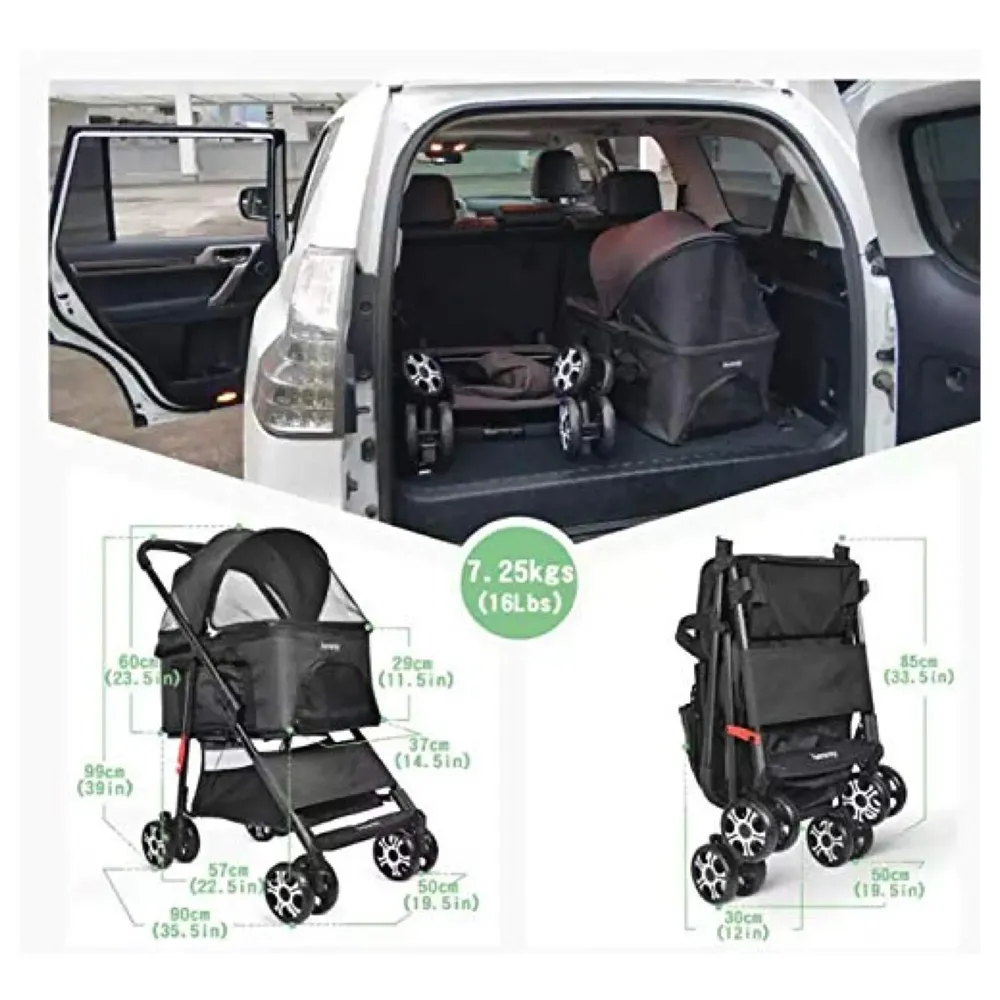 4 Wheel Elite Pet Stroller Breathable, Cat and Dog Easy to Walk Folding Travel Carrier with Cup Holder and Padded Handles. (Black)