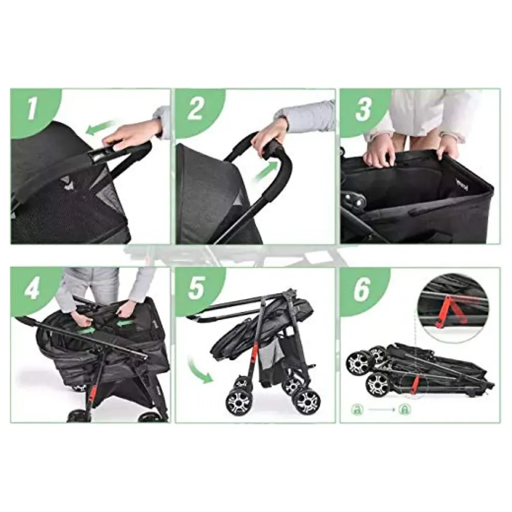 4 Wheel Elite Pet Stroller Breathable, Cat and Dog Easy to Walk Folding Travel Carrier with Cup Holder and Padded Handles. (Black)