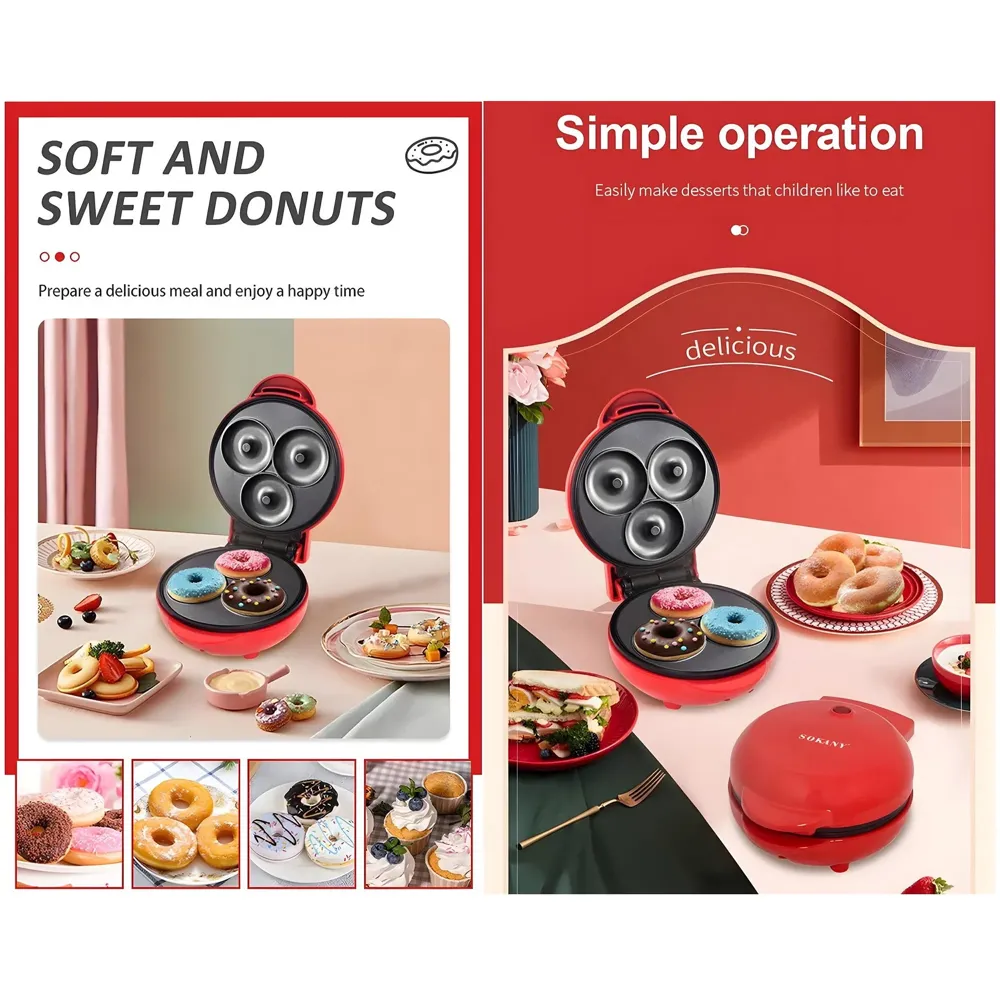 Mini Donut Maker Machine for Kid-Friendly Breakfast, Snacks, Desserts & More with Non-stick Surface, Makes 3 Doughnuts