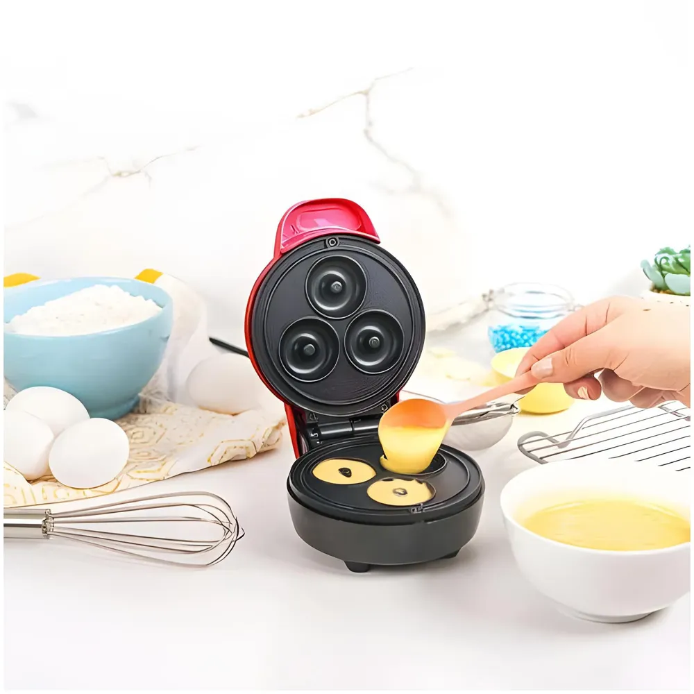 Mini Donut Maker Machine for Kid-Friendly Breakfast, Snacks, Desserts & More with Non-stick Surface, Makes 3 Doughnuts