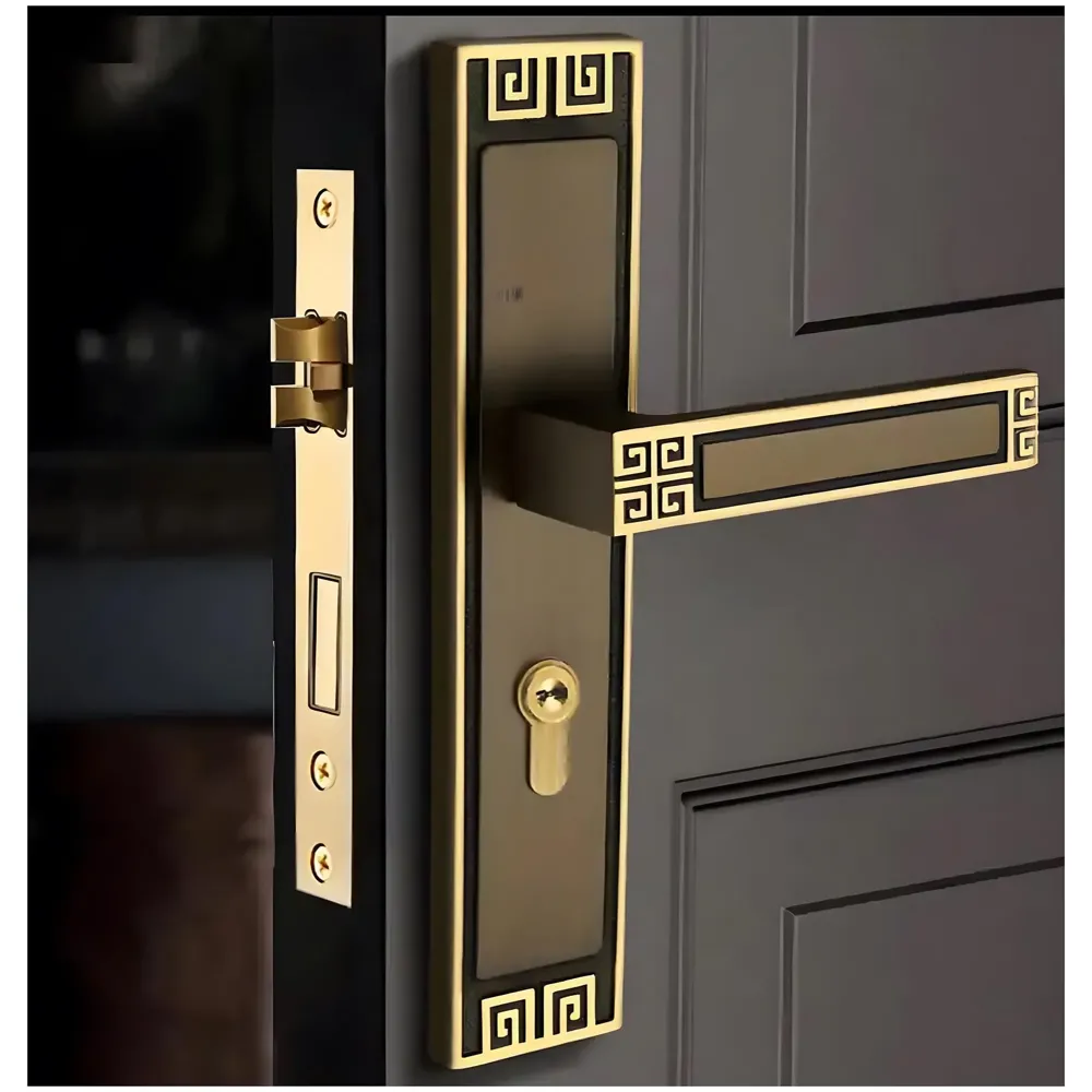 Black Gold Door Handle Set Mortise Lock for Bedroom, Living Room, Main Door Brass Lock Body and One Side Key 9 Inches 3 Keys Lock Set