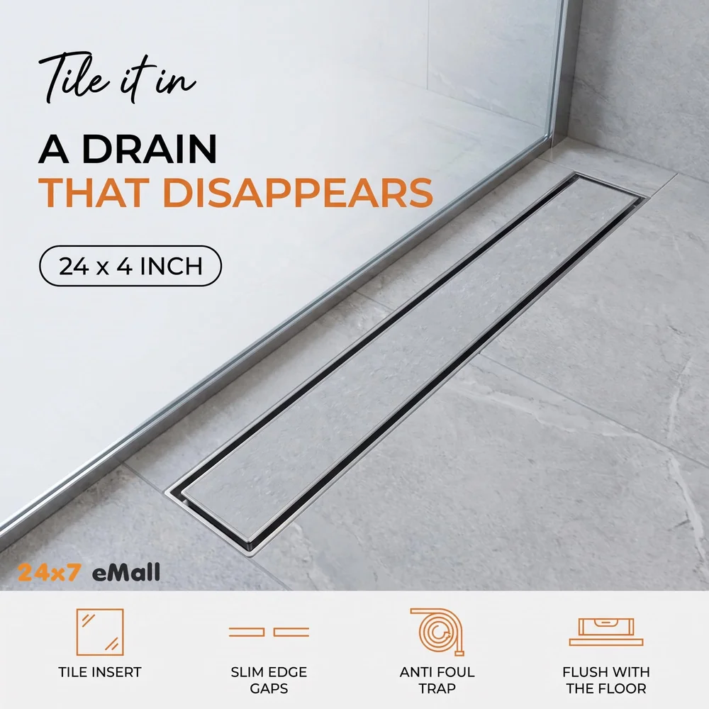 24" x 4" Tile/Marble Insert Shower Channel Water Drainer for Bathroom with Anti-Foul Cockroach Trap (Grade SS 304 - Matte) (Side Hole)