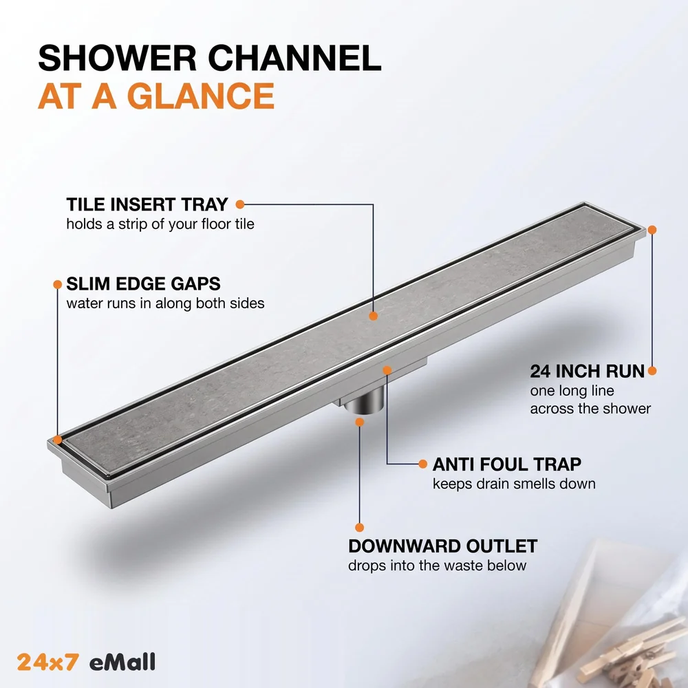 24" x 4" Tile/Marble Insert Shower Channel Water Drainer for Bathroom with Anti-Foul Cockroach Trap (Grade SS 304 - Matte) (Side Hole)