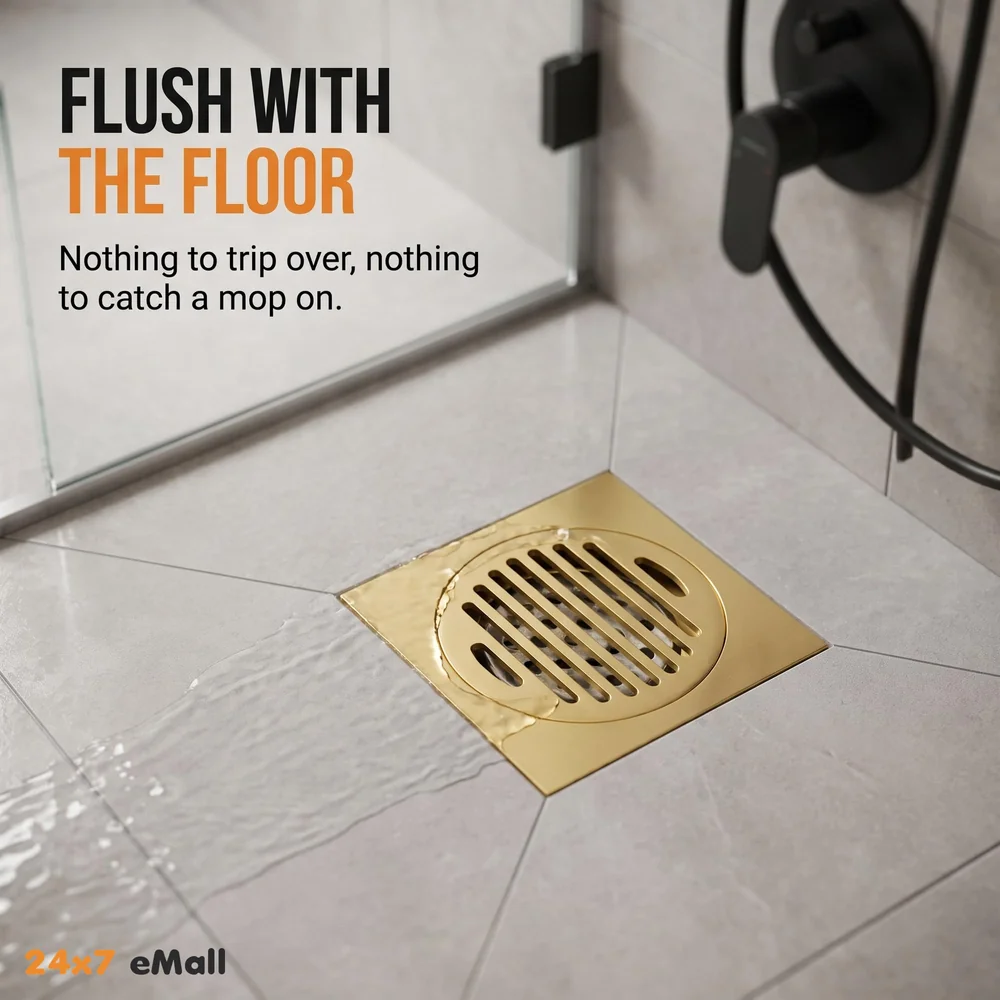 Golden Drain 4" x 4" Gold Floor Drain Shower Channel Water Drainer for Bathroom with Anti-Foul Cockroach Trap