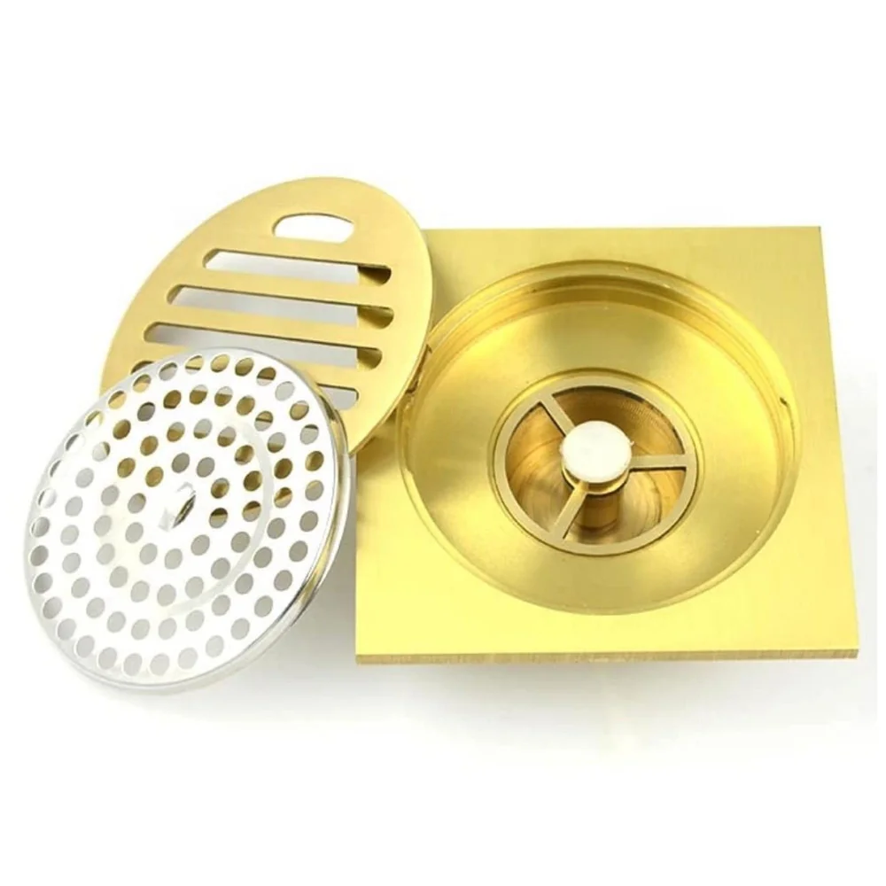 Golden Drain 4" x 4" Gold Floor Drain Shower Channel Water Drainer for Bathroom with Anti-Foul Cockroach Trap