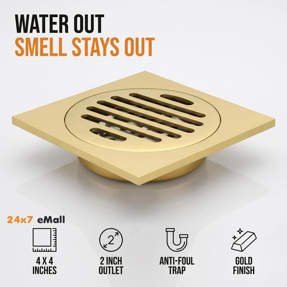 Golden Drain 4" x 4" Gold Floor Drain Shower Channel Water Drainer for Bathroom with Anti-Foul Cockroach Trap