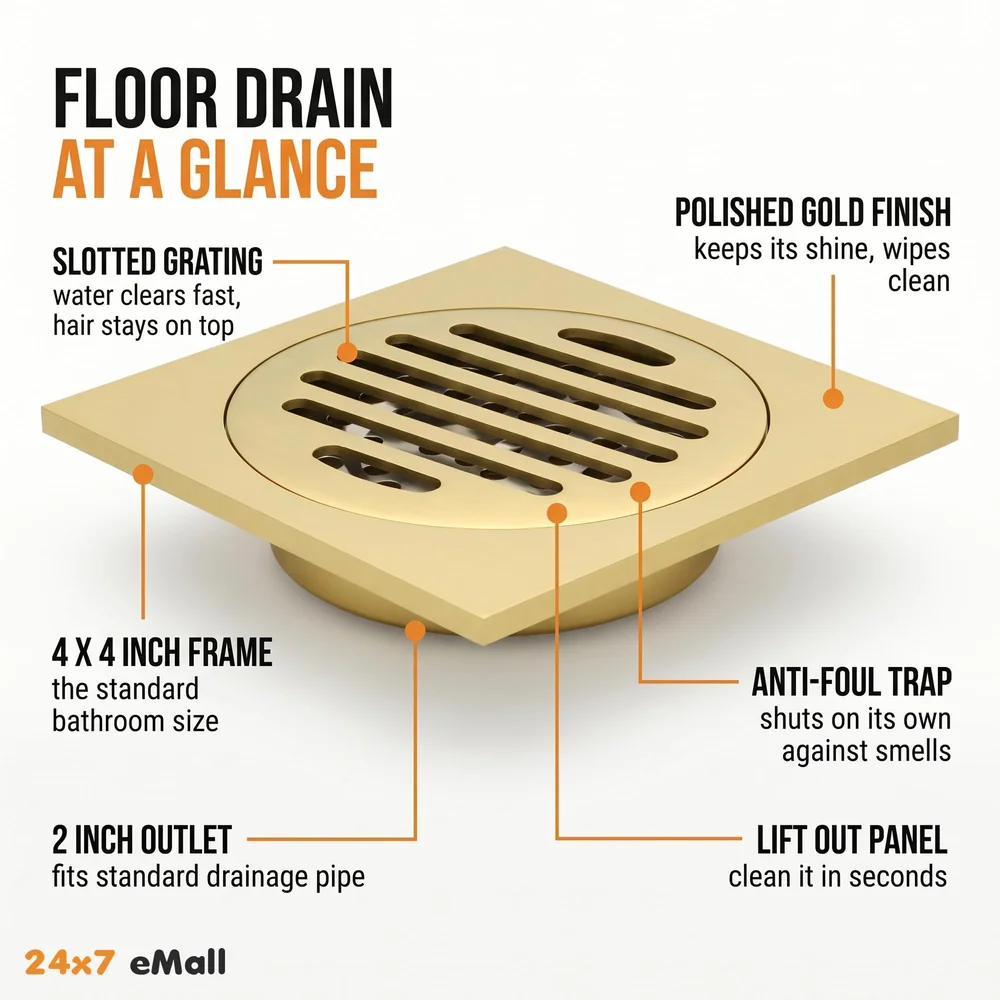 Golden Drain 4" x 4" Gold Floor Drain Shower Channel Water Drainer for Bathroom with Anti-Foul Cockroach Trap