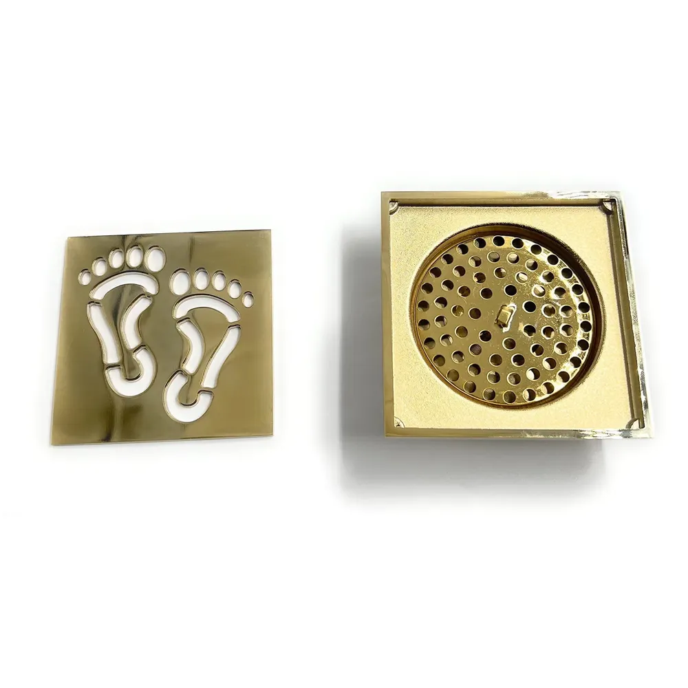Golden Drain 4" x 4" Foot Design Gold Floor Drain Shower Channel Water Drainer for Bathroom with Anti-Foul Cockroach Trap