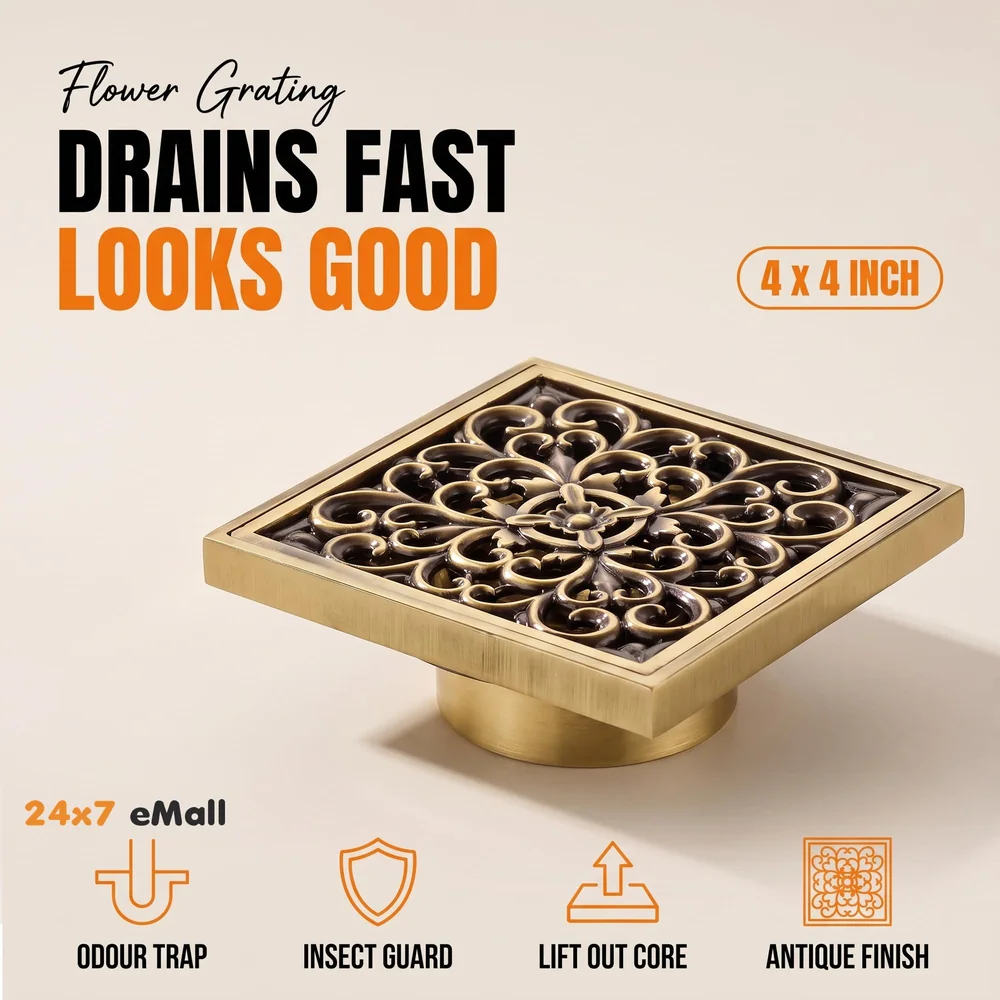 Antique Brown Designer Drain 4" x 4" Foot Design Antique Floor Drain Shower Channel Water Drainer for Bathroom with Anti-Foul Cockroach Trap