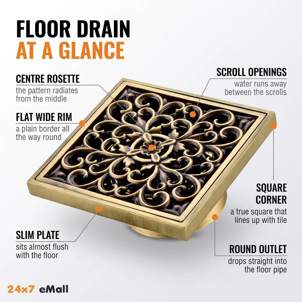 Antique Brown Designer Drain 4" x 4" Foot Design Antique Floor Drain Shower Channel Water Drainer for Bathroom with Anti-Foul Cockroach Trap