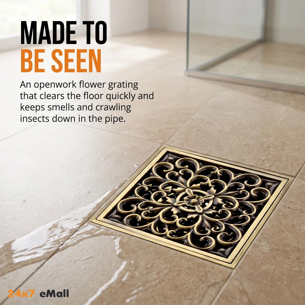 Antique Brown Designer Drain 4" x 4" Foot Design Antique Floor Drain Shower Channel Water Drainer for Bathroom with Anti-Foul Cockroach Trap