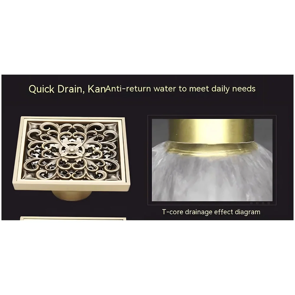 Antique Brown Designer Drain 4" x 4" Foot Design Antique Floor Drain Shower Channel Water Drainer for Bathroom with Anti-Foul Cockroach Trap