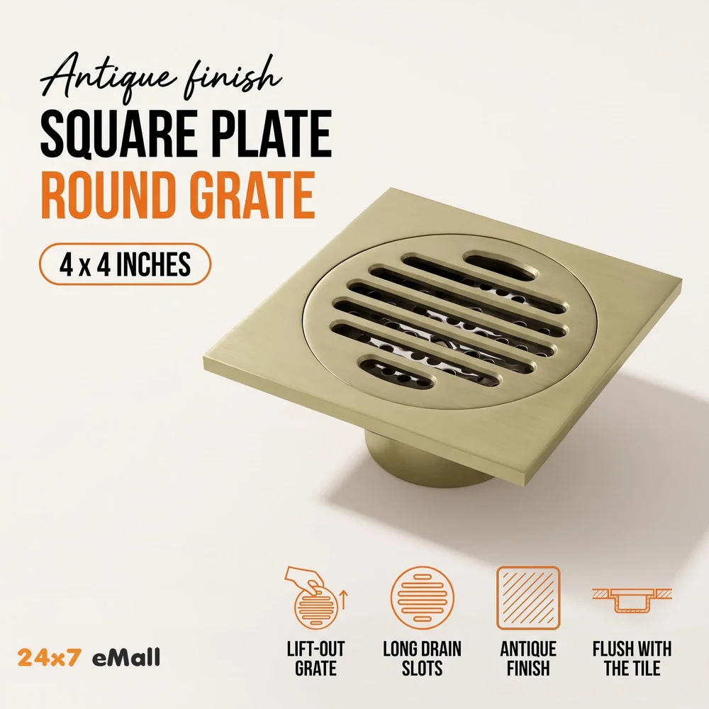 Antique Brown Floor Drain Jali 4 x 4 Inches Tile Insert Floor Drain, SS, Shower Drain Channel Tile Drain with Cockroach Trap Concealed Matt Brown