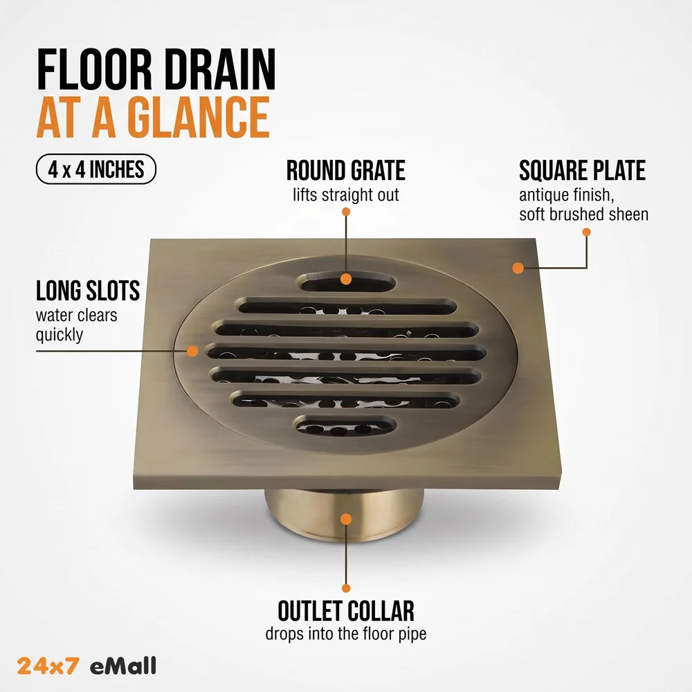 Antique Brown Floor Drain Jali 4 x 4 Inches Tile Insert Floor Drain, SS, Shower Drain Channel Tile Drain with Cockroach Trap Concealed Matt Brown
