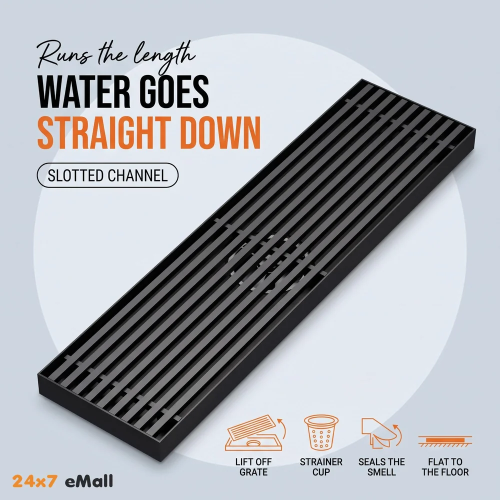 Black Floor Drain Jali 12 x 4 Inches Tile Insert Floor Drain, SS, Shower Drain Channel Tile Drain with Cockroach Trap Concealed Matt Black 30 cms