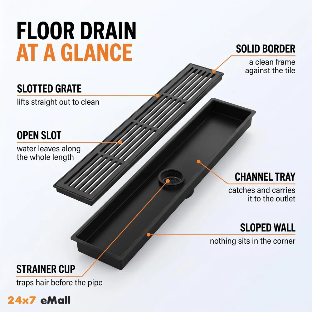 Black Floor Drain Jali 12 x 4 Inches Tile Insert Floor Drain, SS, Shower Drain Channel Tile Drain with Cockroach Trap Concealed Matt Black 30 cms