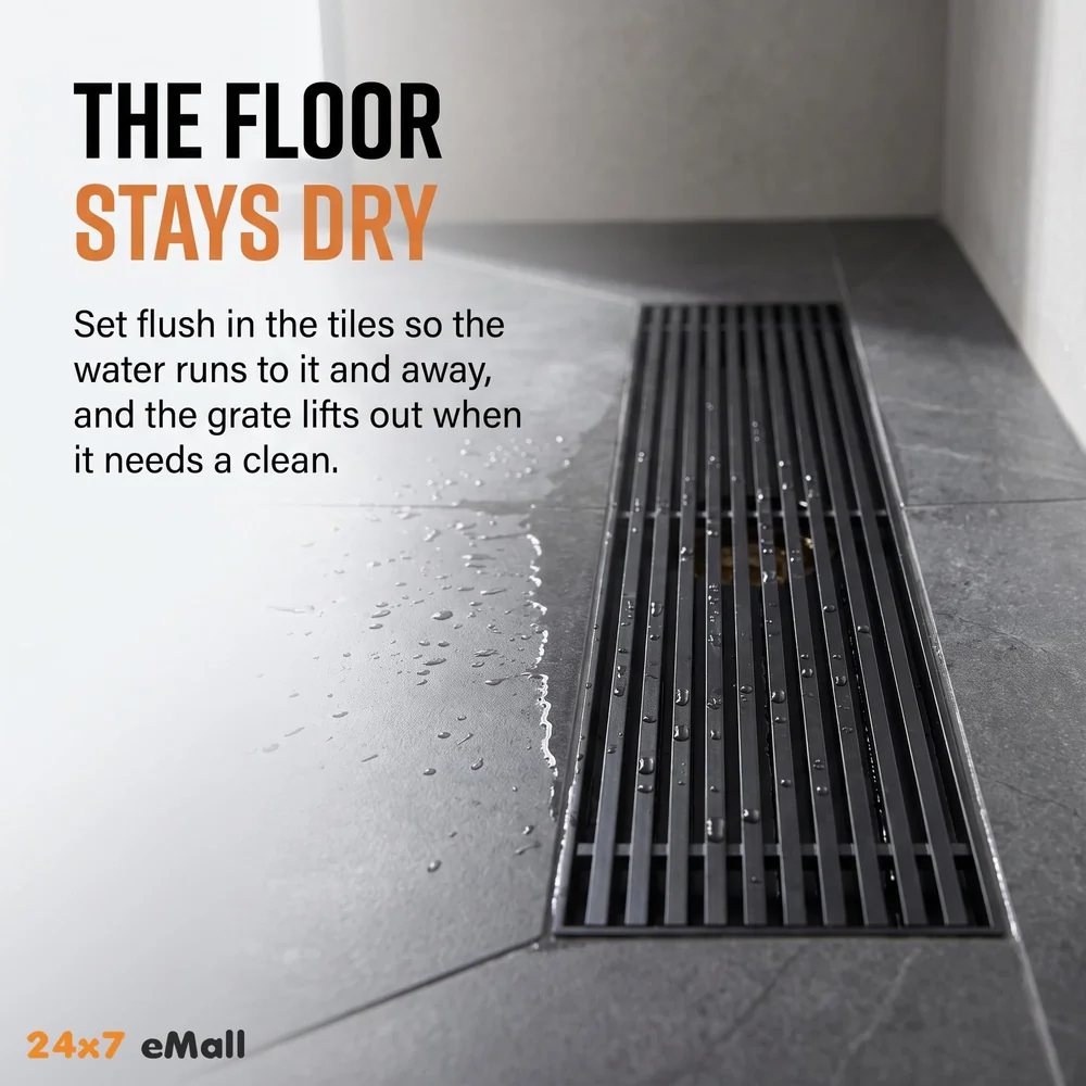 Black Floor Drain Jali 12 x 4 Inches Tile Insert Floor Drain, SS, Shower Drain Channel Tile Drain with Cockroach Trap Concealed Matt Black 30 cms