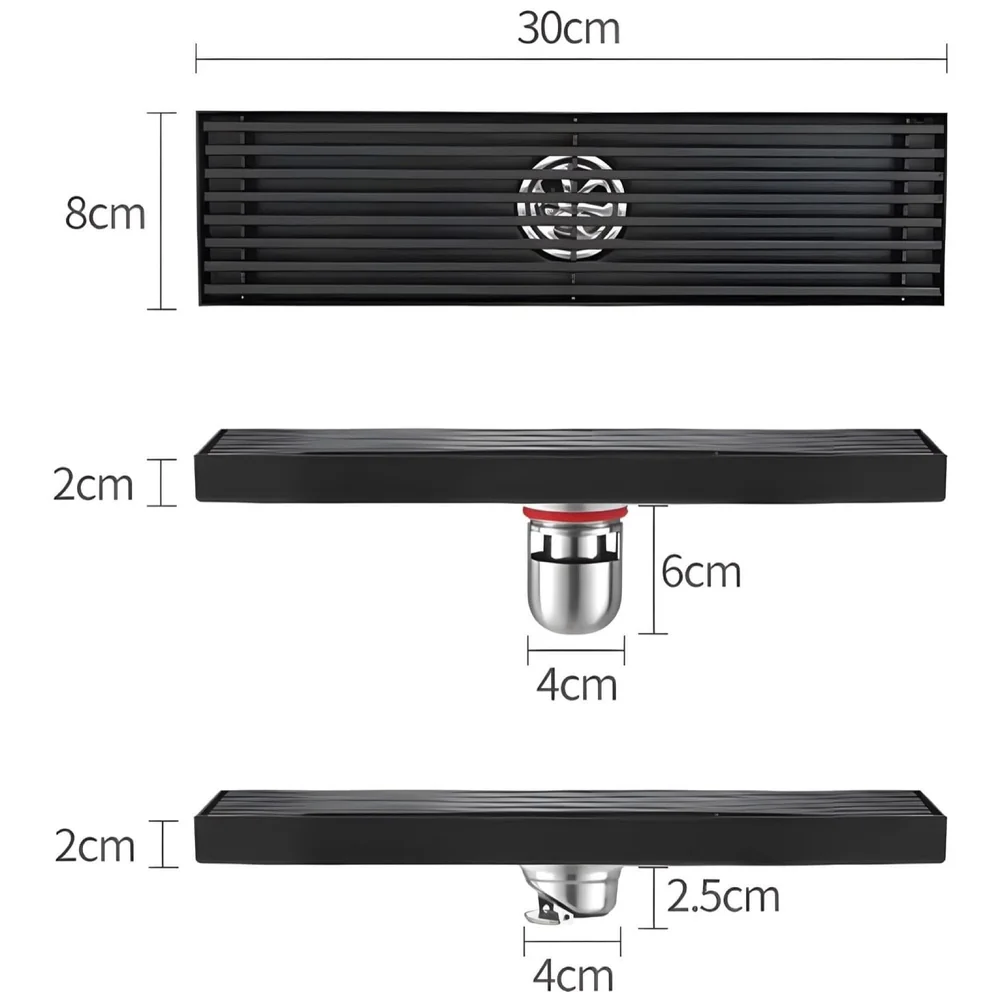 Black Floor Drain Jali 12 x 4 Inches Tile Insert Floor Drain, SS, Shower Drain Channel Tile Drain with Cockroach Trap Concealed Matt Black 30 cms
