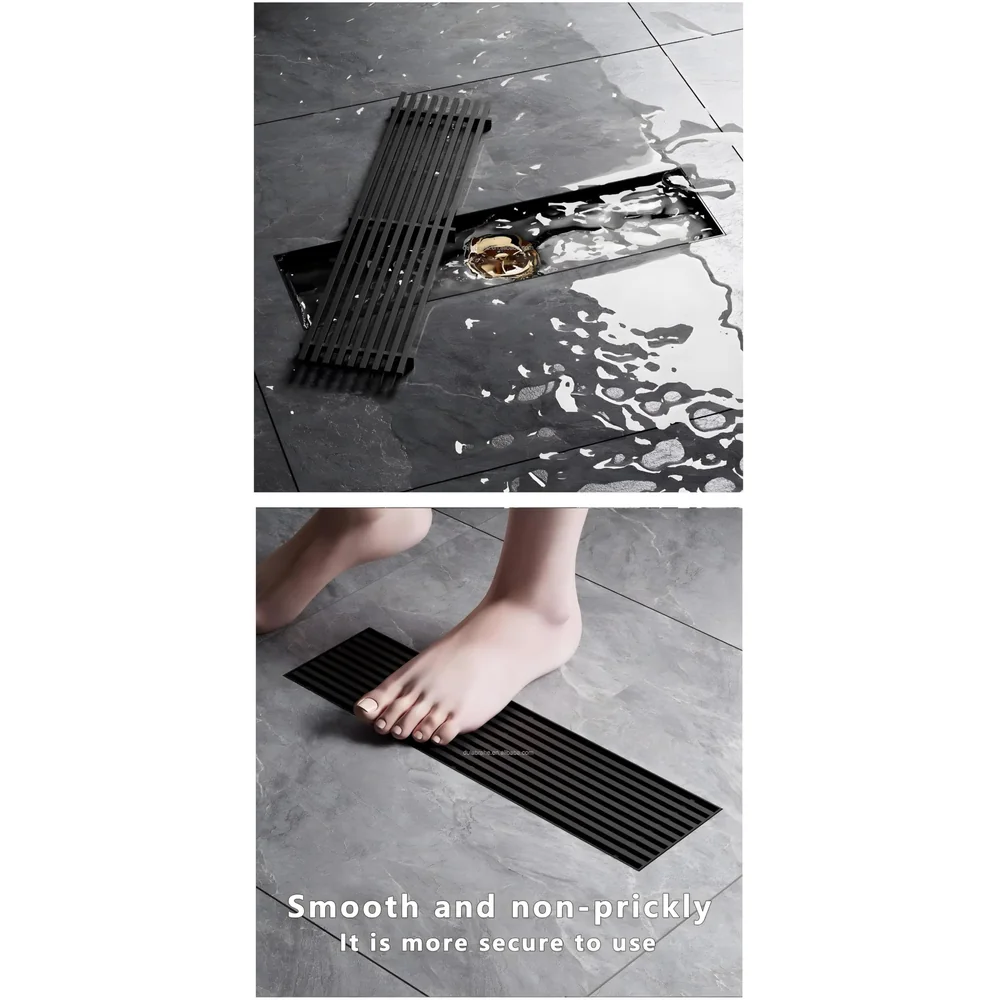 Black Floor Drain Jali 12 x 4 Inches Tile Insert Floor Drain, SS, Shower Drain Channel Tile Drain with Cockroach Trap Concealed Matt Black 30 cms