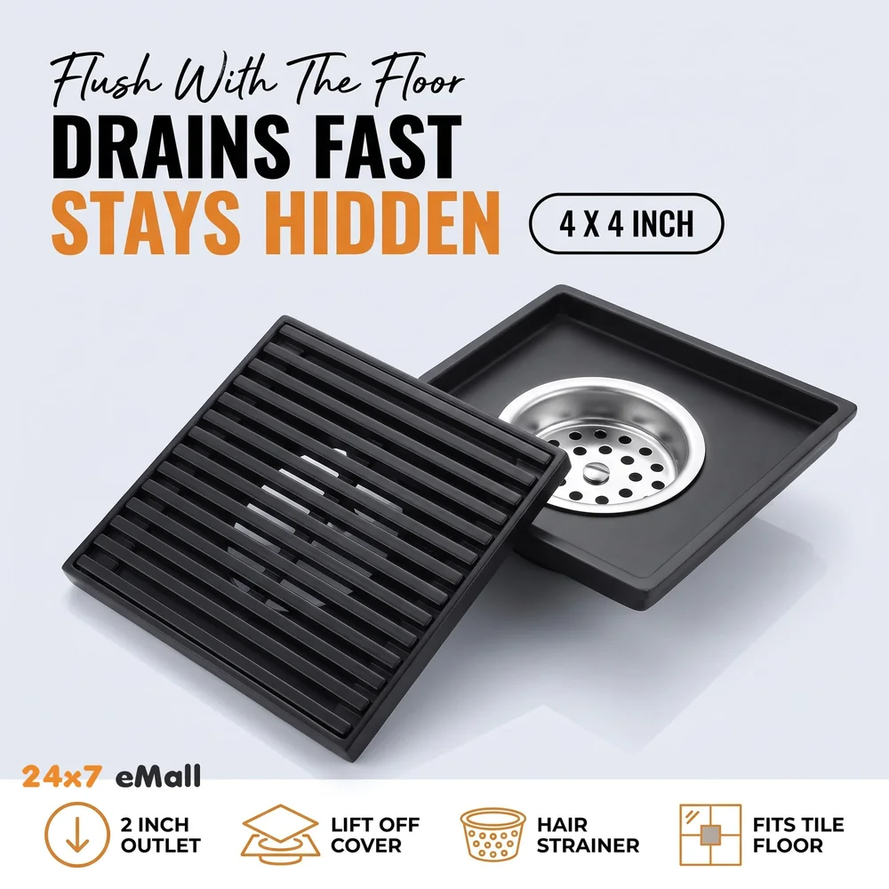 Black Floor Drain Jali 4 x 4 Inches Tile Insert Floor Drain, SS, Shower Drain Channel Tile Drain with Cockroach Trap Concealed Matt Black