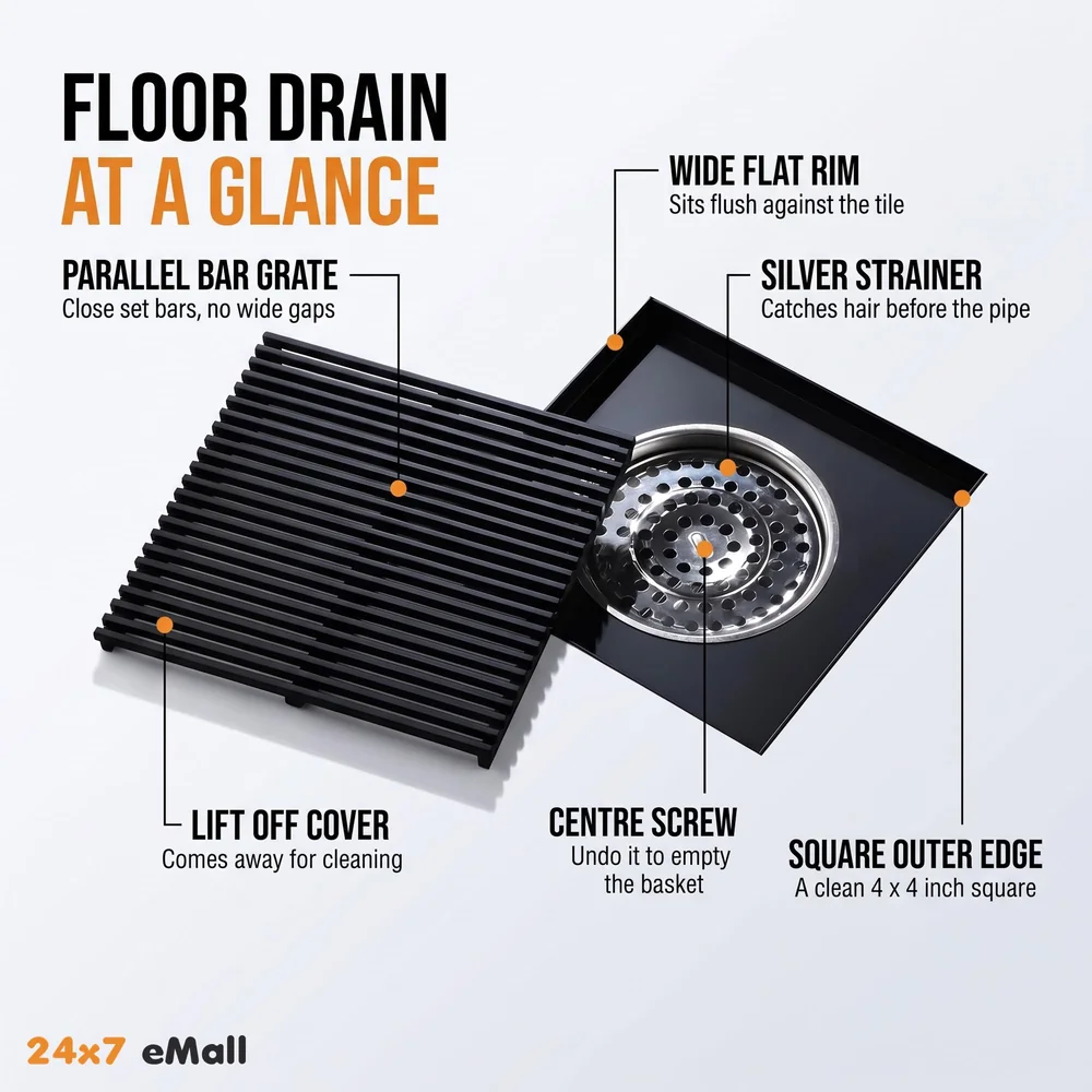 Black Floor Drain Jali 4 x 4 Inches Tile Insert Floor Drain, SS, Shower Drain Channel Tile Drain with Cockroach Trap Concealed Matt Black