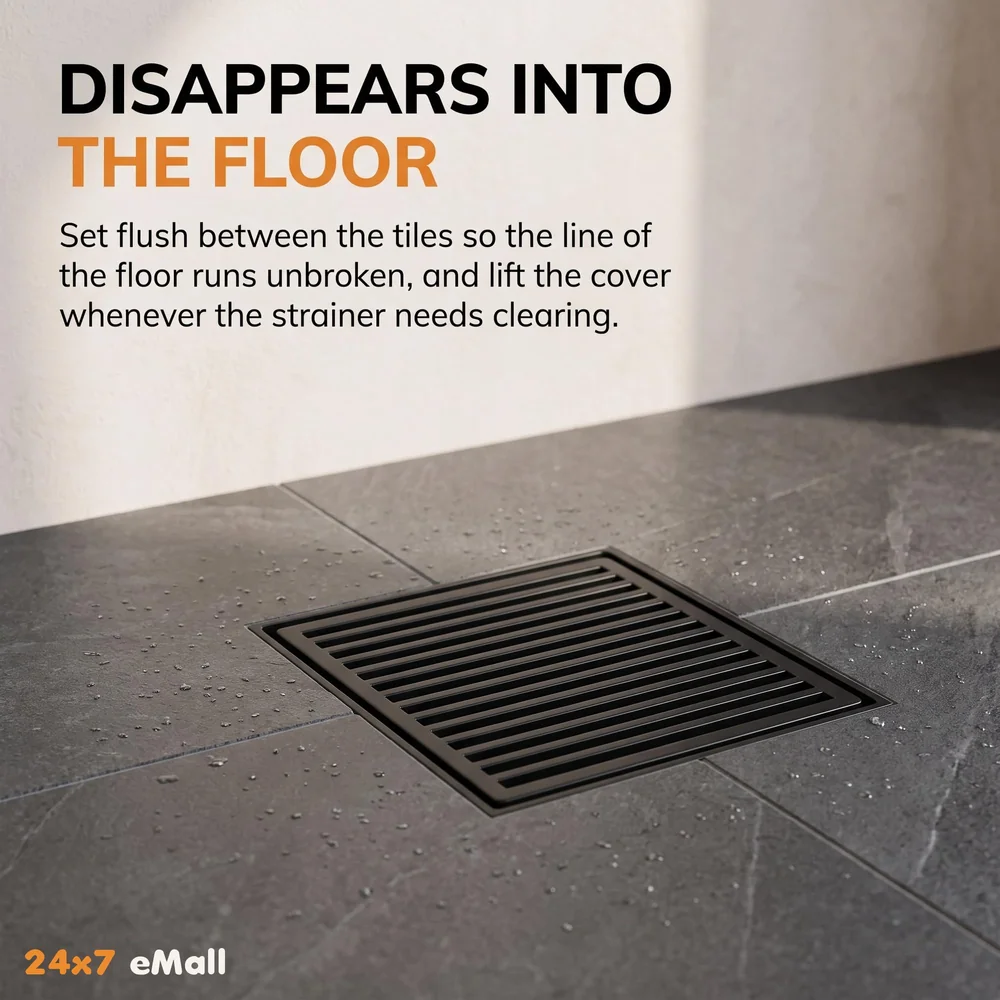 Black Floor Drain Jali 4 x 4 Inches Tile Insert Floor Drain, SS, Shower Drain Channel Tile Drain with Cockroach Trap Concealed Matt Black