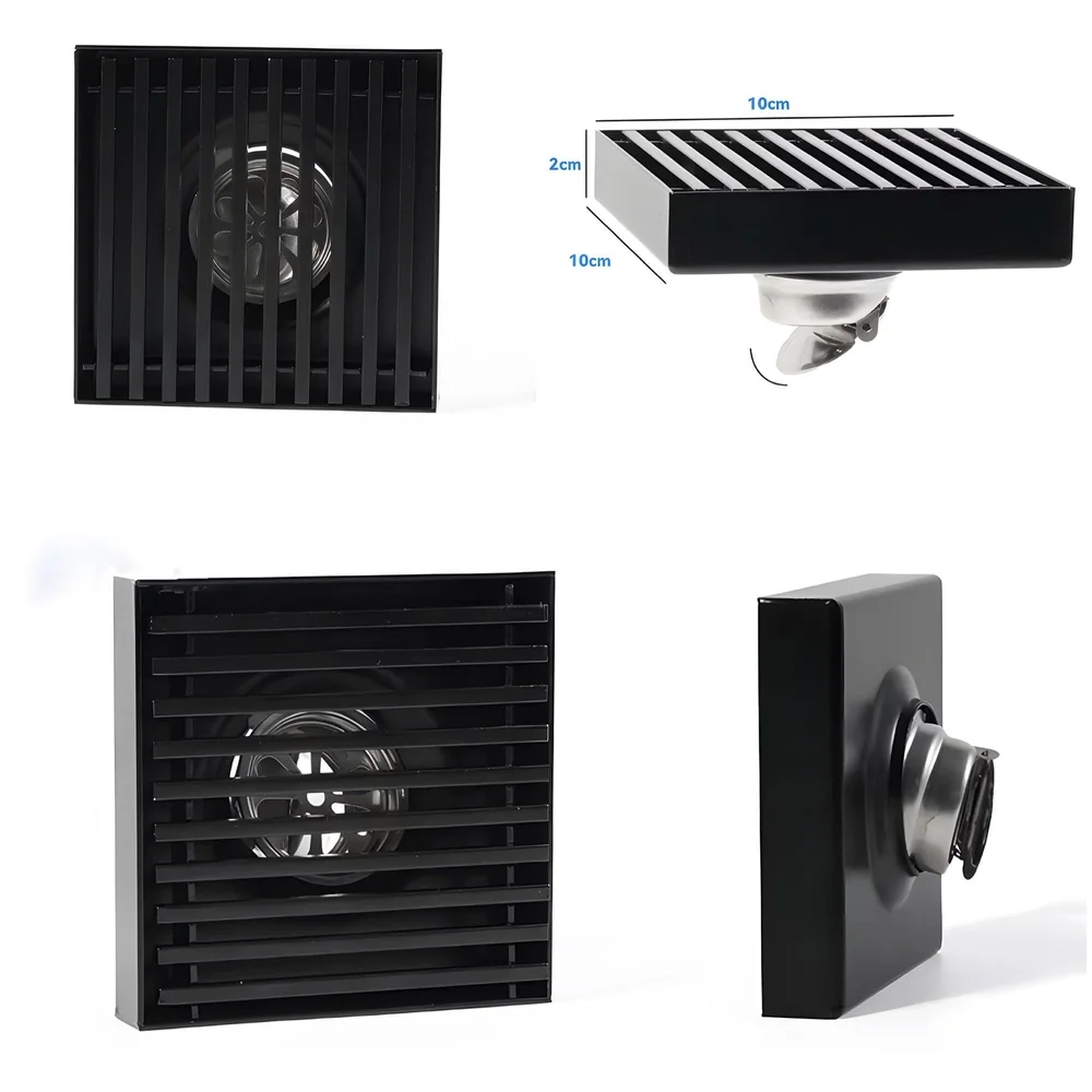 Black Floor Drain Jali 4 x 4 Inches Tile Insert Floor Drain, SS, Shower Drain Channel Tile Drain with Cockroach Trap Concealed Matt Black
