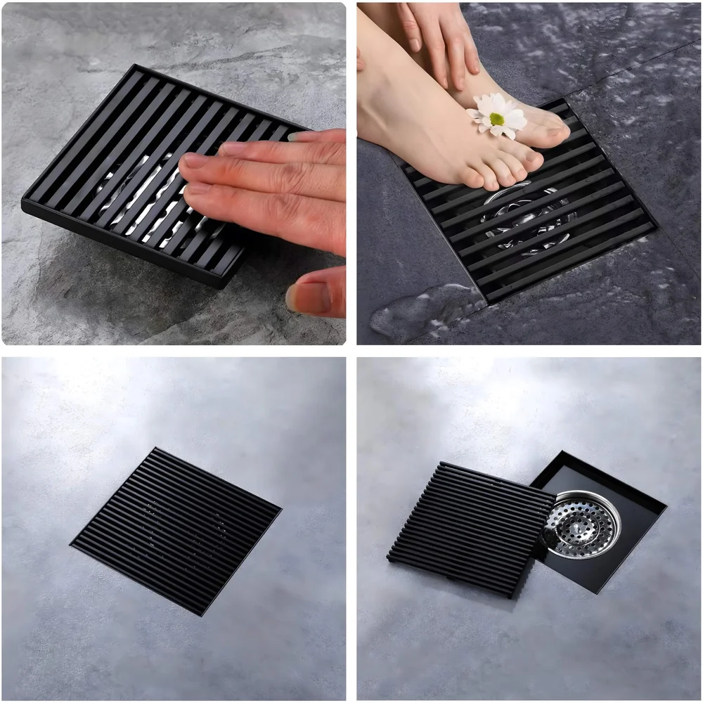 Black Floor Drain Jali 4 x 4 Inches Tile Insert Floor Drain, SS, Shower Drain Channel Tile Drain with Cockroach Trap Concealed Matt Black