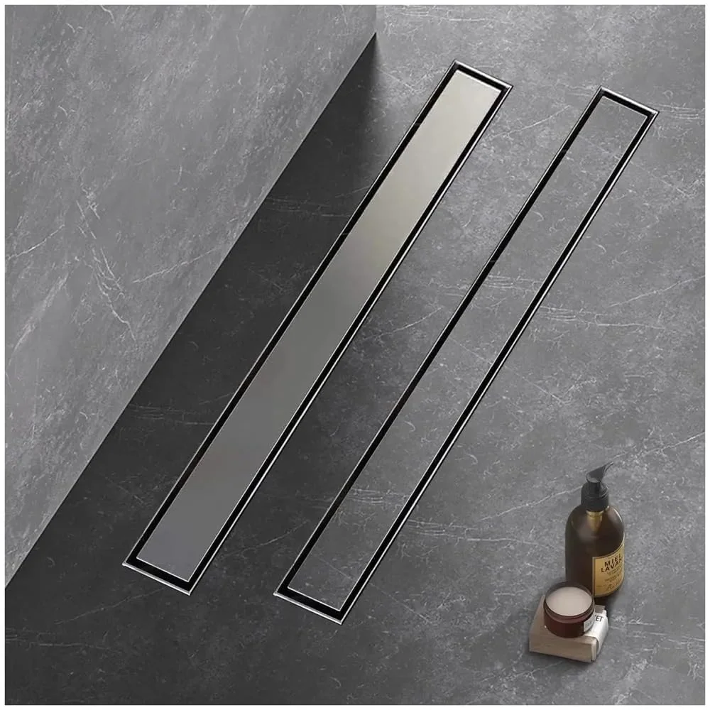 Silver Drain 24 x 4 Inches Tile Insert Floor Drain, 304 Stainless Steel Shower Drain Channel Waste Water Floor Drain for Concealed Tile Drain Channel Cockroach Trap 60 Cm (Center Hole)