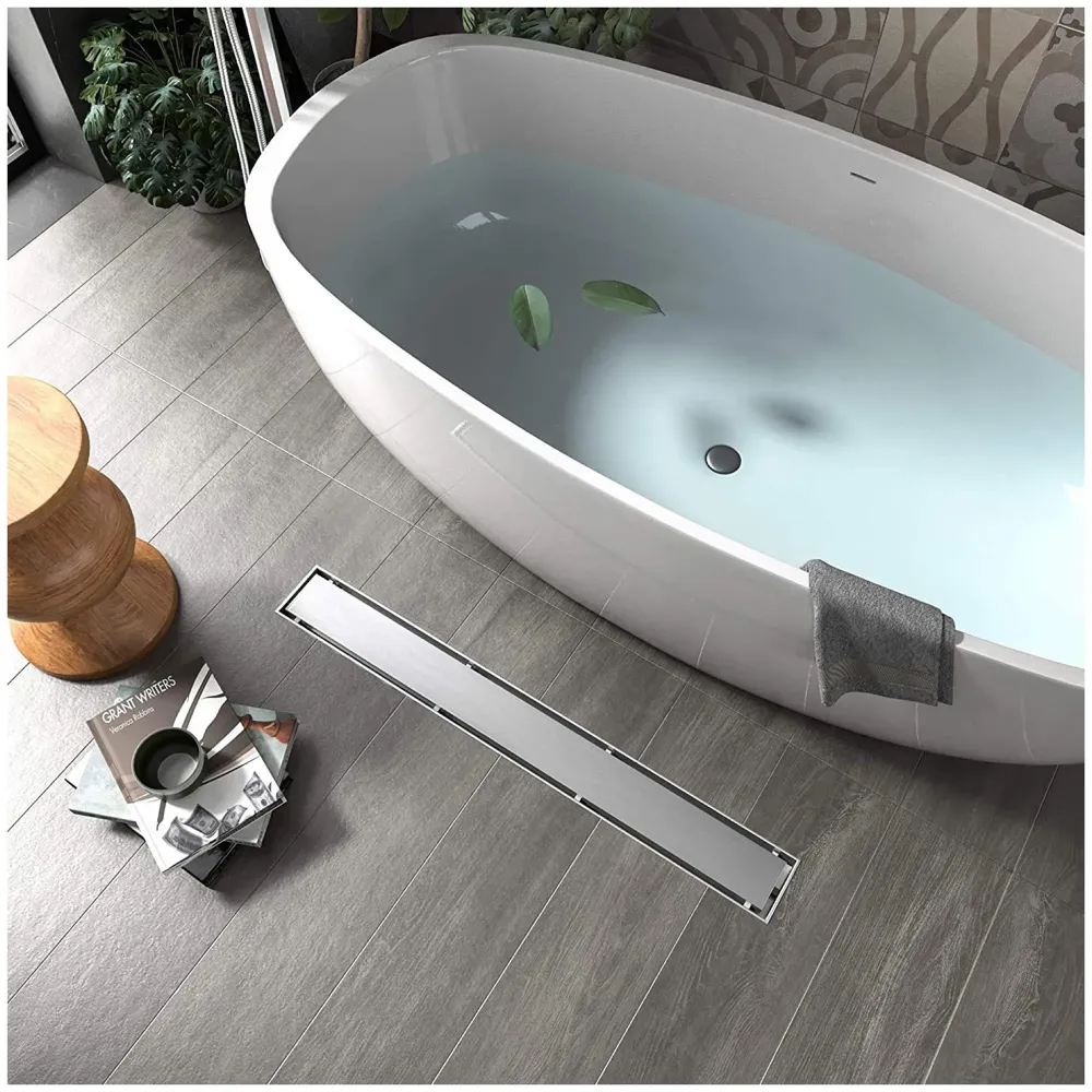 Silver Drain 24 x 4 Inches Tile Insert Floor Drain, 304 Stainless Steel Shower Drain Channel Waste Water Floor Drain for Concealed Tile Drain Channel Cockroach Trap 60 Cm (Center Hole)
