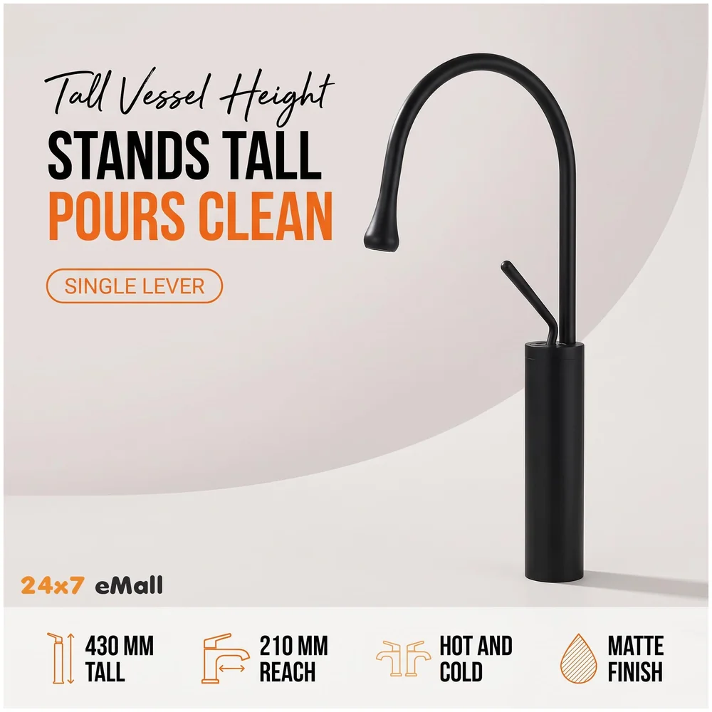 Black Drop Mixer Hot and Cold Basin Tap Faucet Sink Mixer Black Colour Tall Body for Basin Tap Faucet Bathroom Kitchen - 43 Cm Height Premium