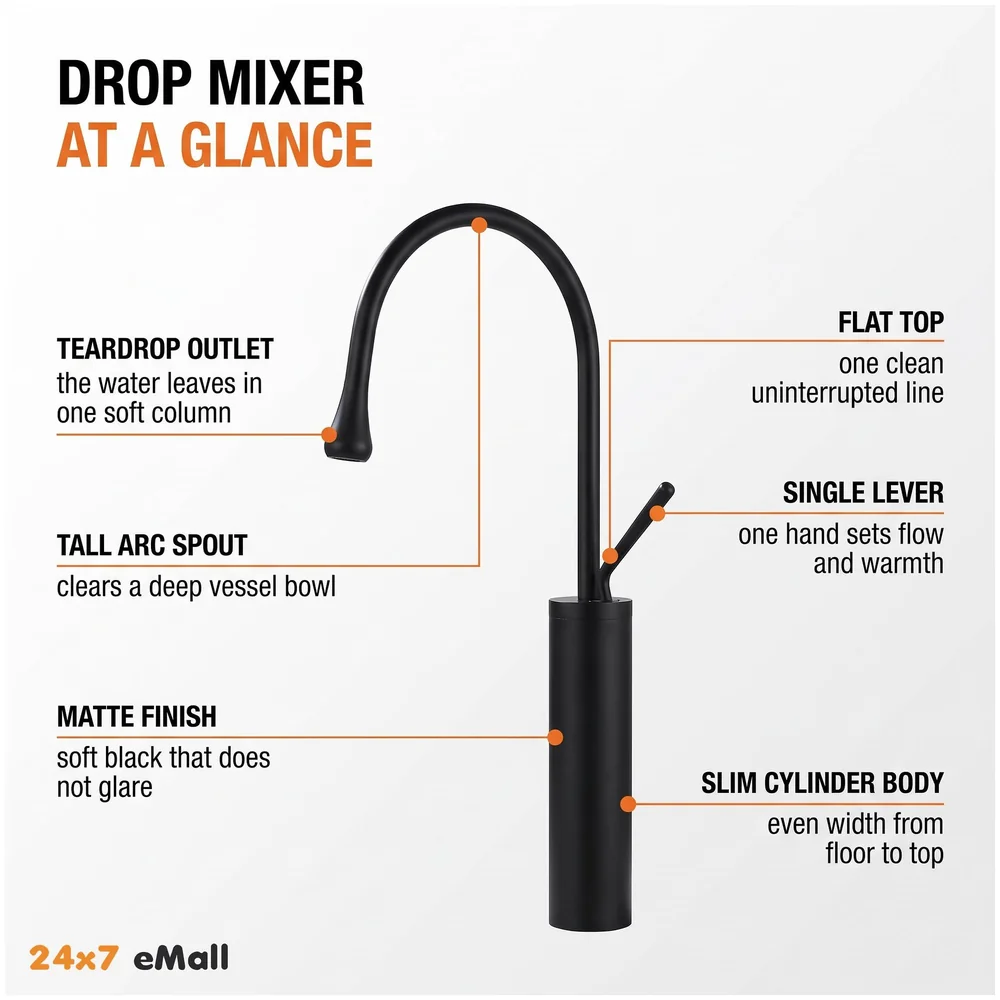 Black Drop Mixer Hot and Cold Basin Tap Faucet Sink Mixer Black Colour Tall Body for Basin Tap Faucet Bathroom Kitchen - 43 Cm Height Premium