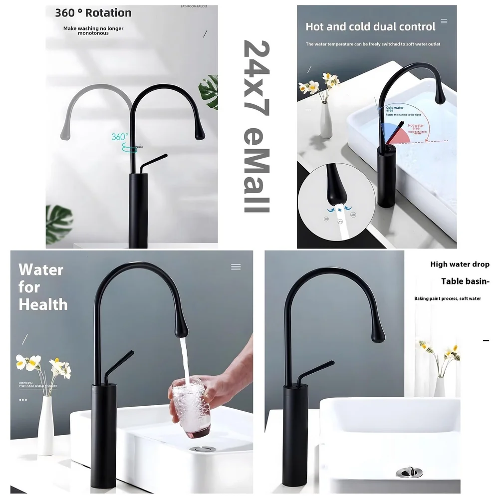 Black Drop Mixer Hot and Cold Basin Tap Faucet Sink Mixer Black Colour Tall Body for Basin Tap Faucet Bathroom Kitchen - 43 Cm Height Premium
