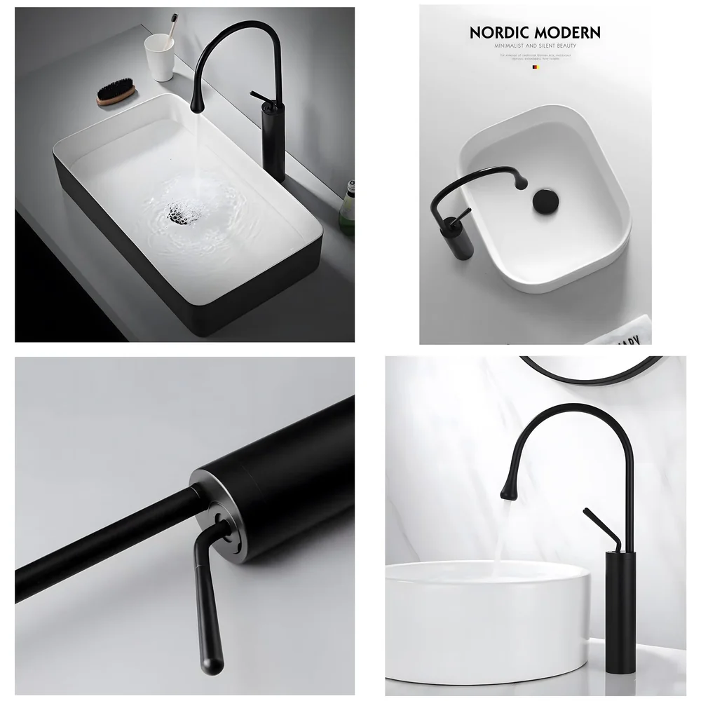Black Drop Mixer Hot and Cold Basin Tap Faucet Sink Mixer Black Colour Tall Body for Basin Tap Faucet Bathroom Kitchen - 43 Cm Height Premium
