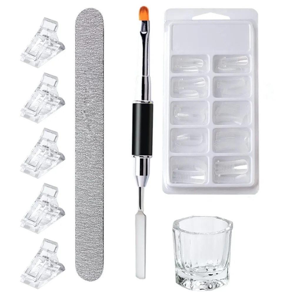 Combo of Dual Form Nails Double Sided Spatula & Brush Nail Filer Nail Clippers Dappen Dish for Poly Nail Gel Application