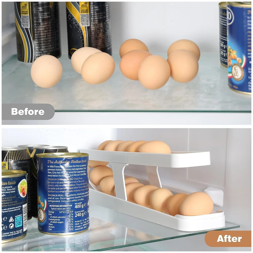 Rolling Egg Dispenser Organizer for Refrigerator Egg Rack White