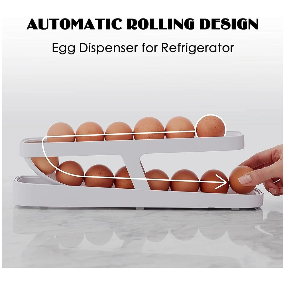 Rolling Egg Dispenser Organizer for Refrigerator Egg Rack White
