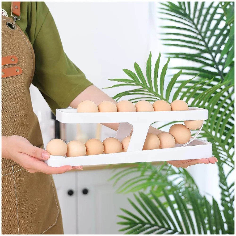 Rolling Egg Dispenser Organizer for Refrigerator Egg Rack White