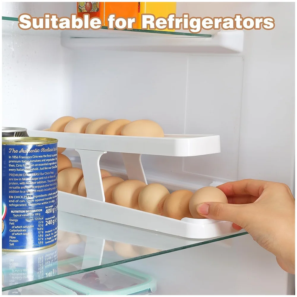 Rolling Egg Dispenser Organizer for Refrigerator Egg Rack White