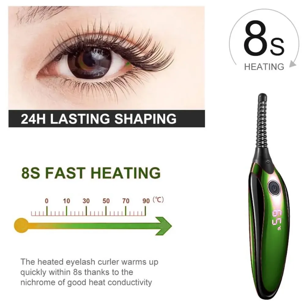 Automatic Heated Eyelash Curlers, Electric Eyelash Curler, LED Display 4 Temperature Settings, 48Hrs Long Lasting Lash Curler Green